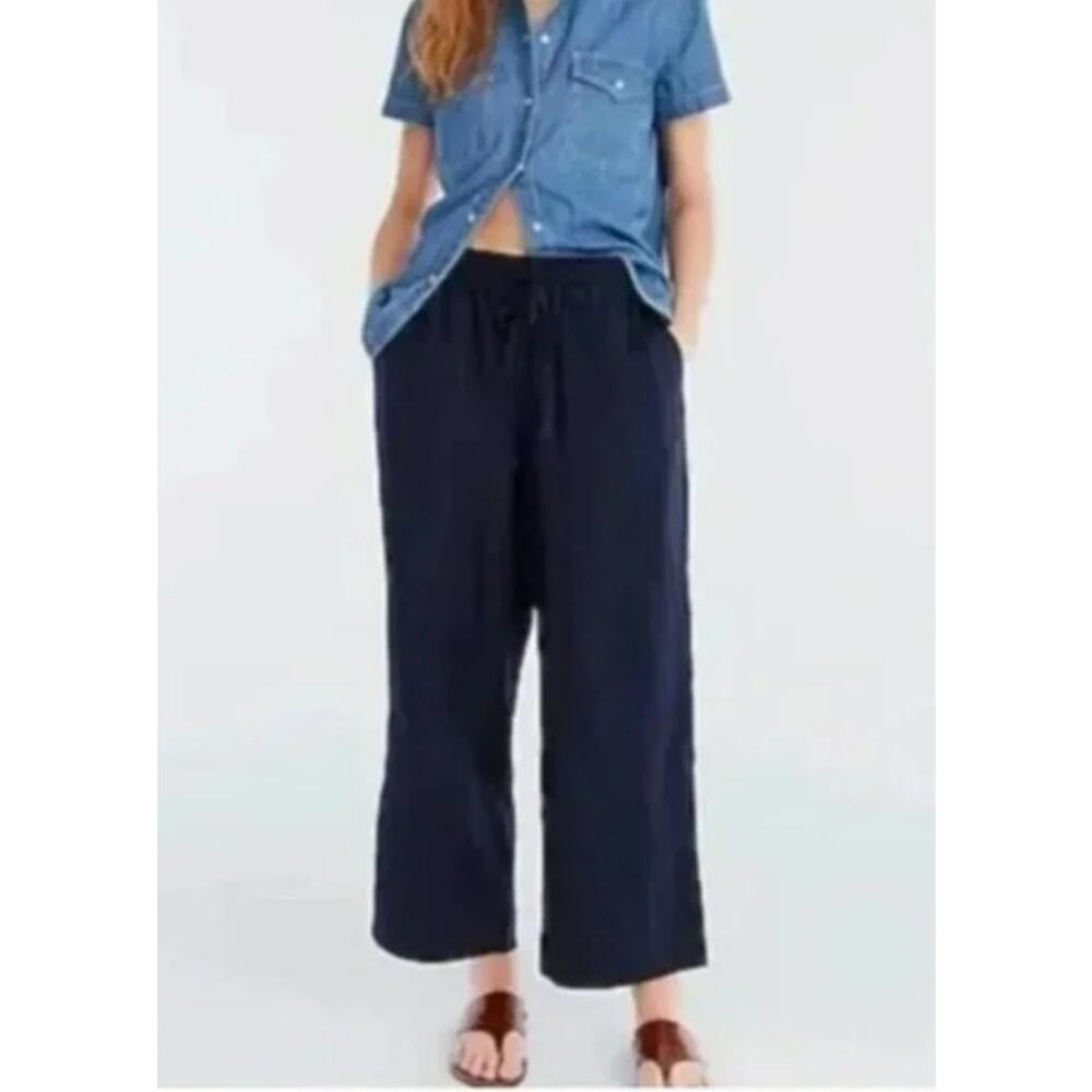 J. Crew Pull On Elastic Waist Cropped Seaside Linen Pants Navy Blue Large